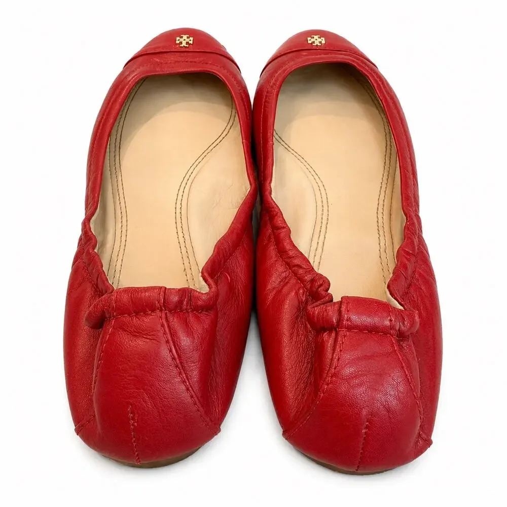 Tory Burch York Cap Toe Poppy Red Leather Ballet Flats Gold Logo Size 7.5